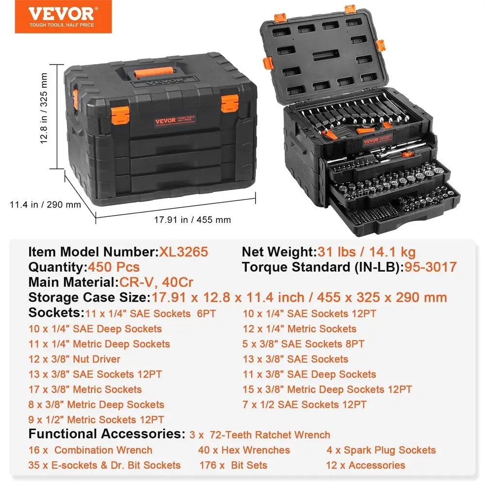 Mechanics Tool Set and Socket Kit 450 Pcs SAE Metric