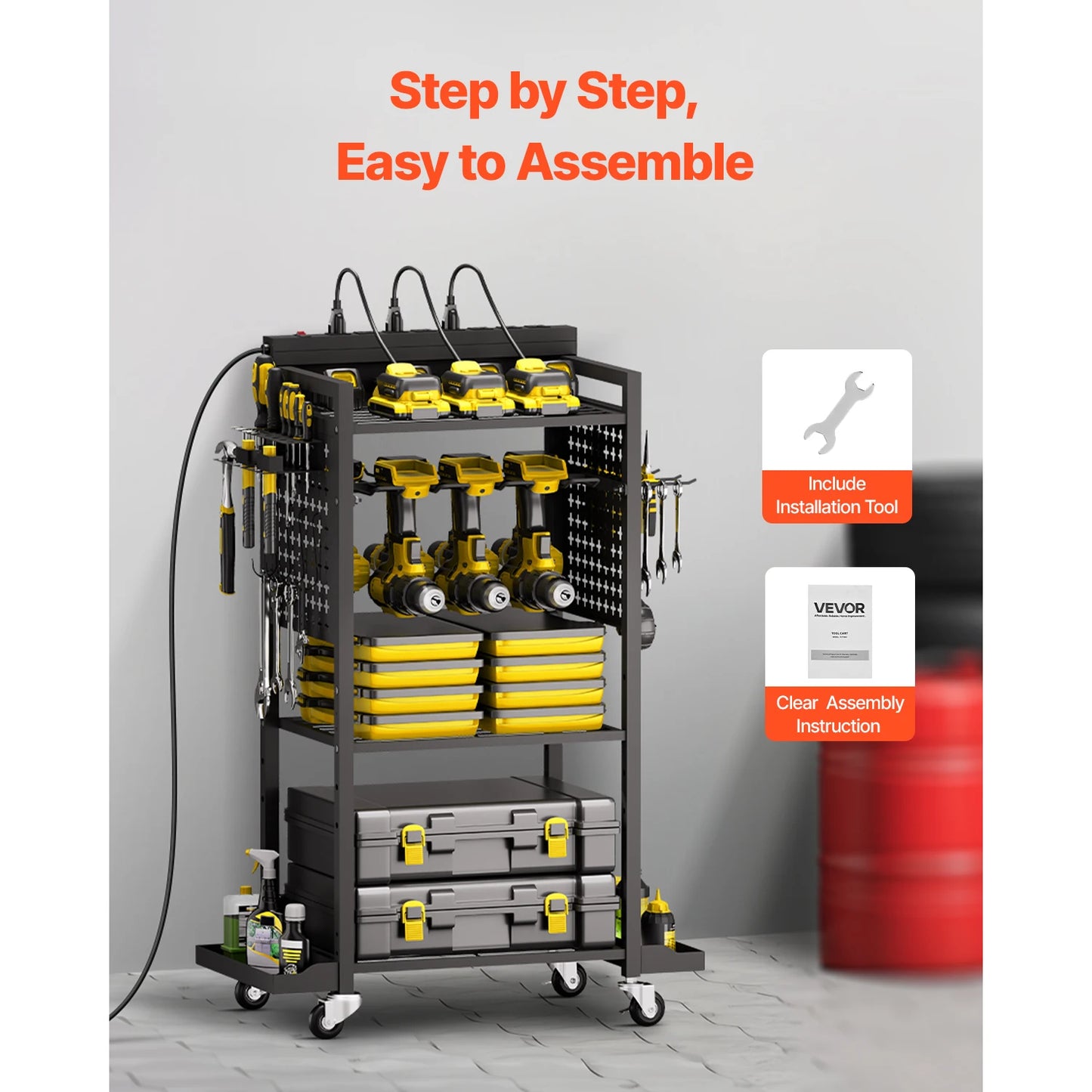 Tool Organizer Cart With Charging Station And 8 AC Outlets