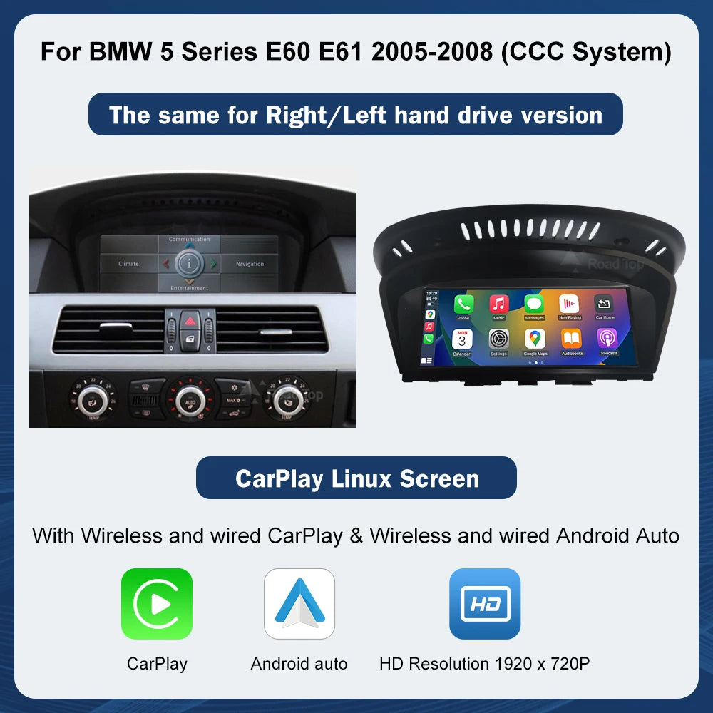 8.8INCH Wireless CarPlay Android Auto Car Multimedia For BMW 5 Series E60 E61 2005-2010 CCC CIC Screen Touch Display Navigation