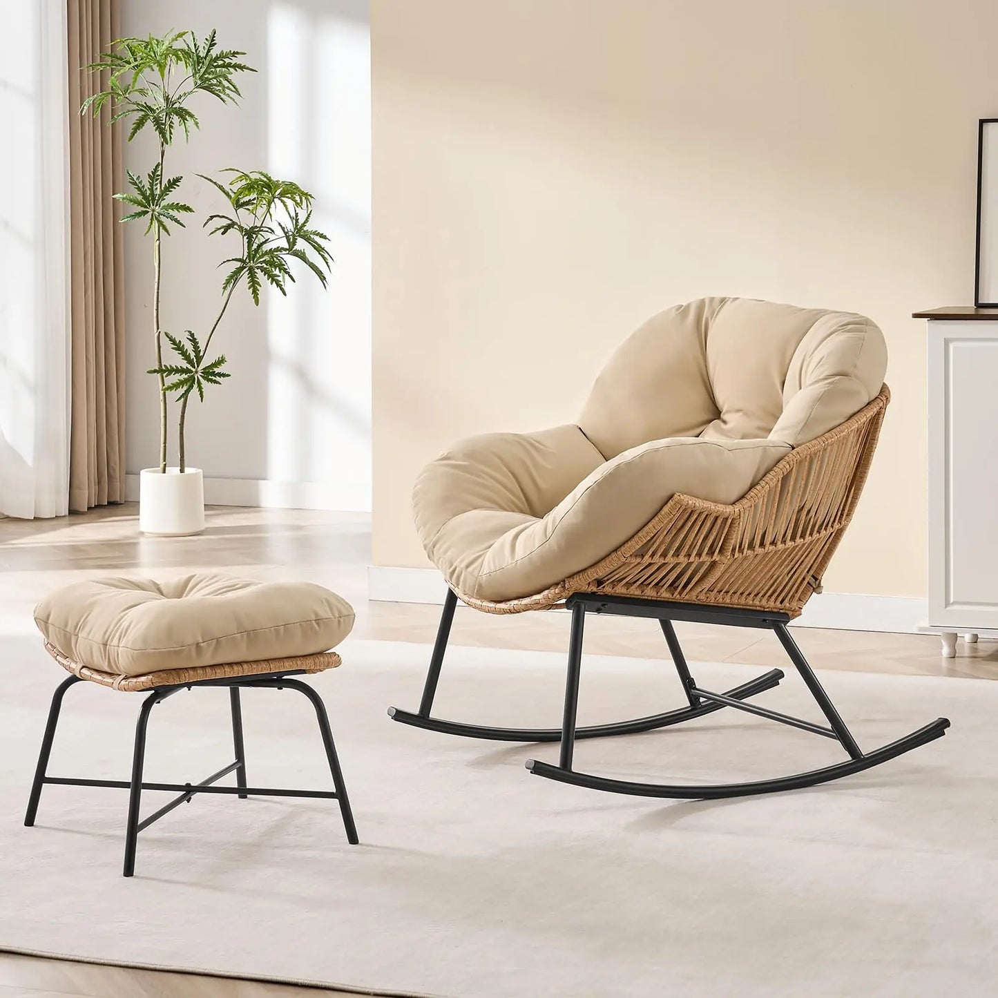 ONBRILL Oversized Papasan Rocking Chair With Ottoman Patio Lounge