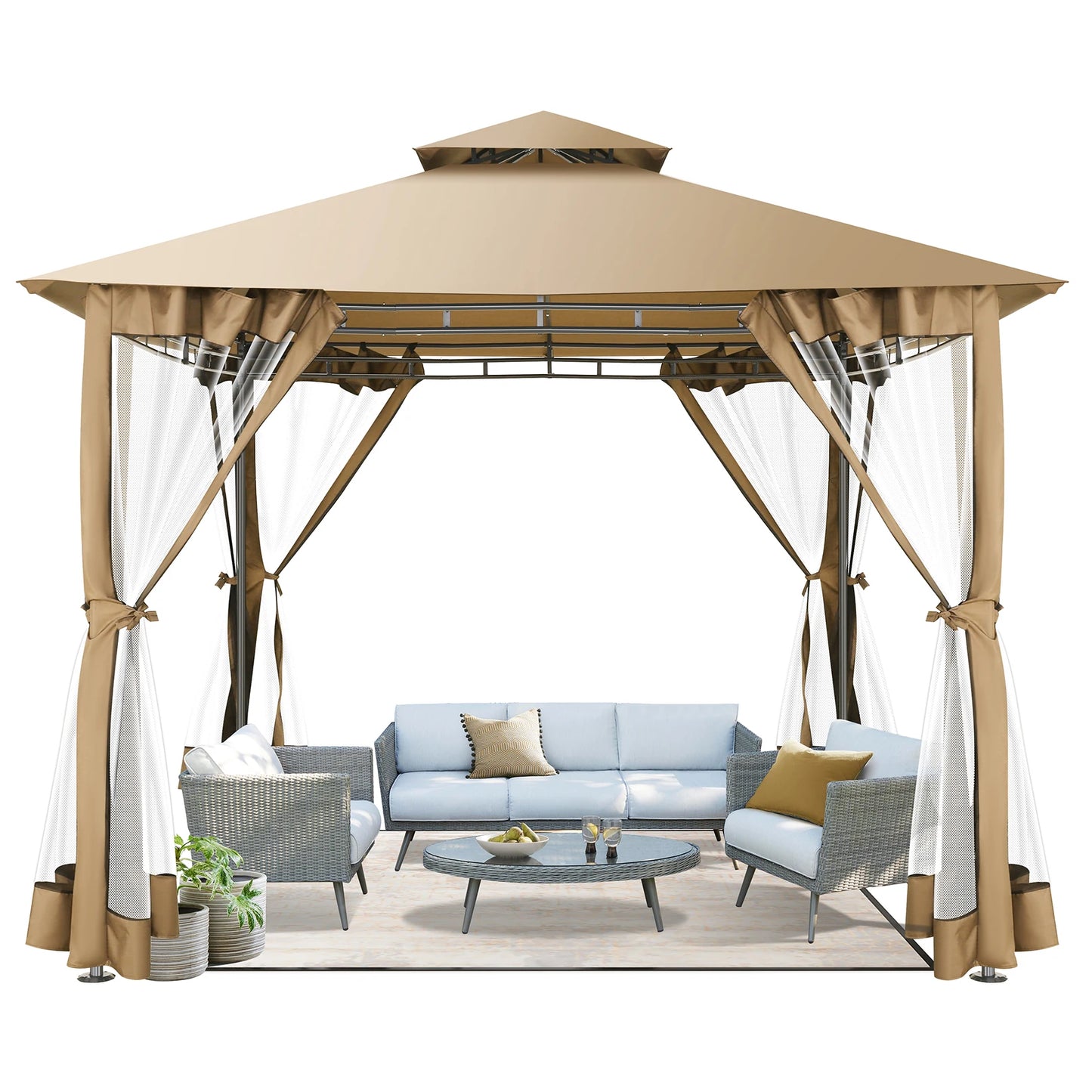 Tooluck Gazebo With Metal Frame And Curtains Nettings