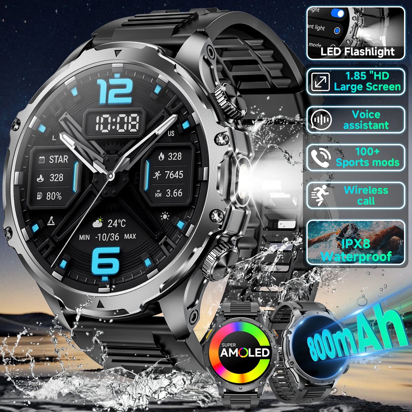 Military Style Smart Watch For Men Bluetooth Call Health Monitor