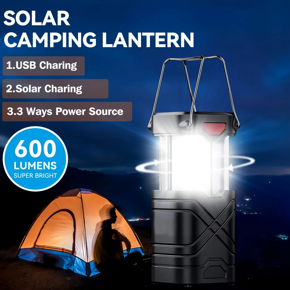Solar Rechargeable LED Flashlight Portable Camping Lantern
