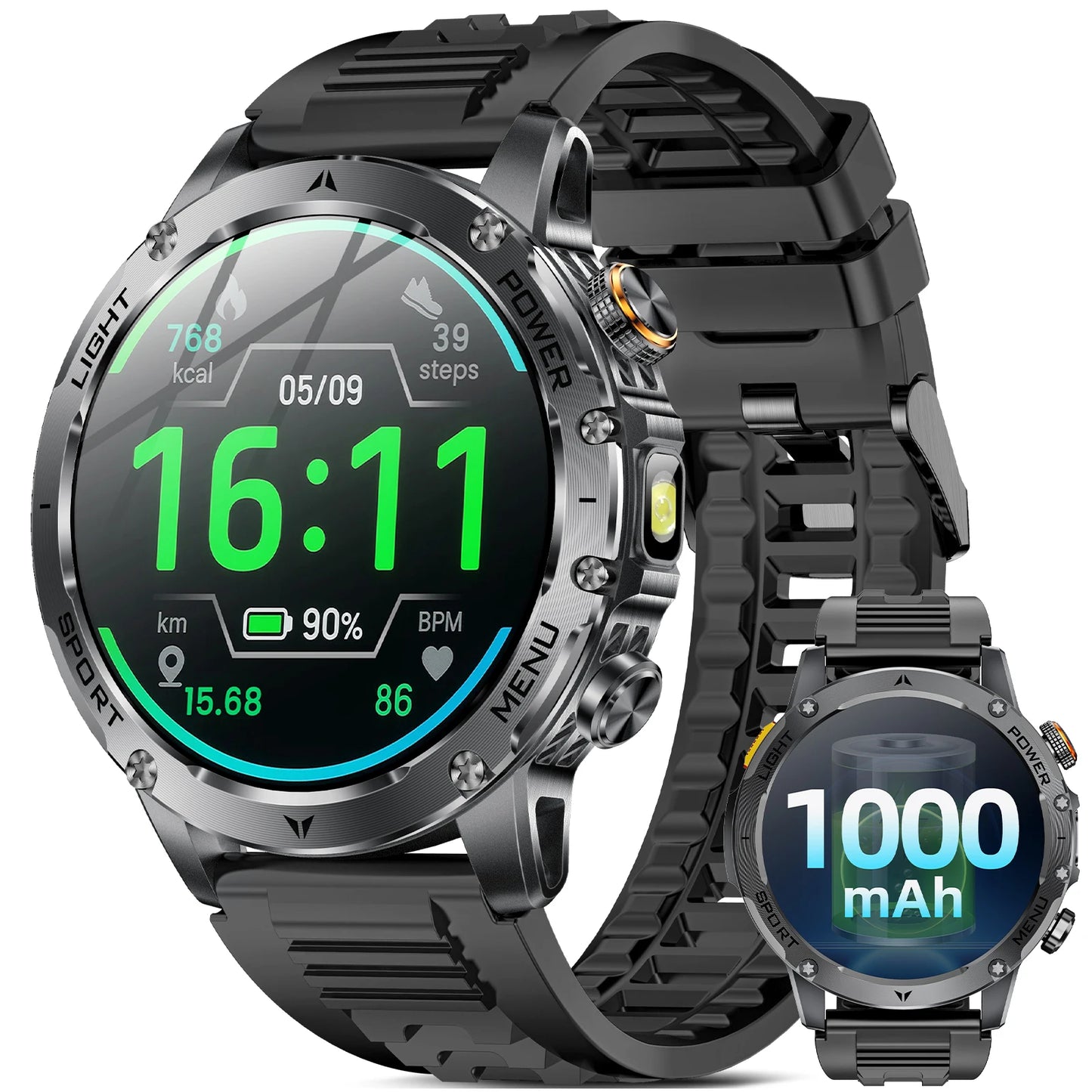 Military Style Smart Watch For Men Bluetooth Call Health Monitor