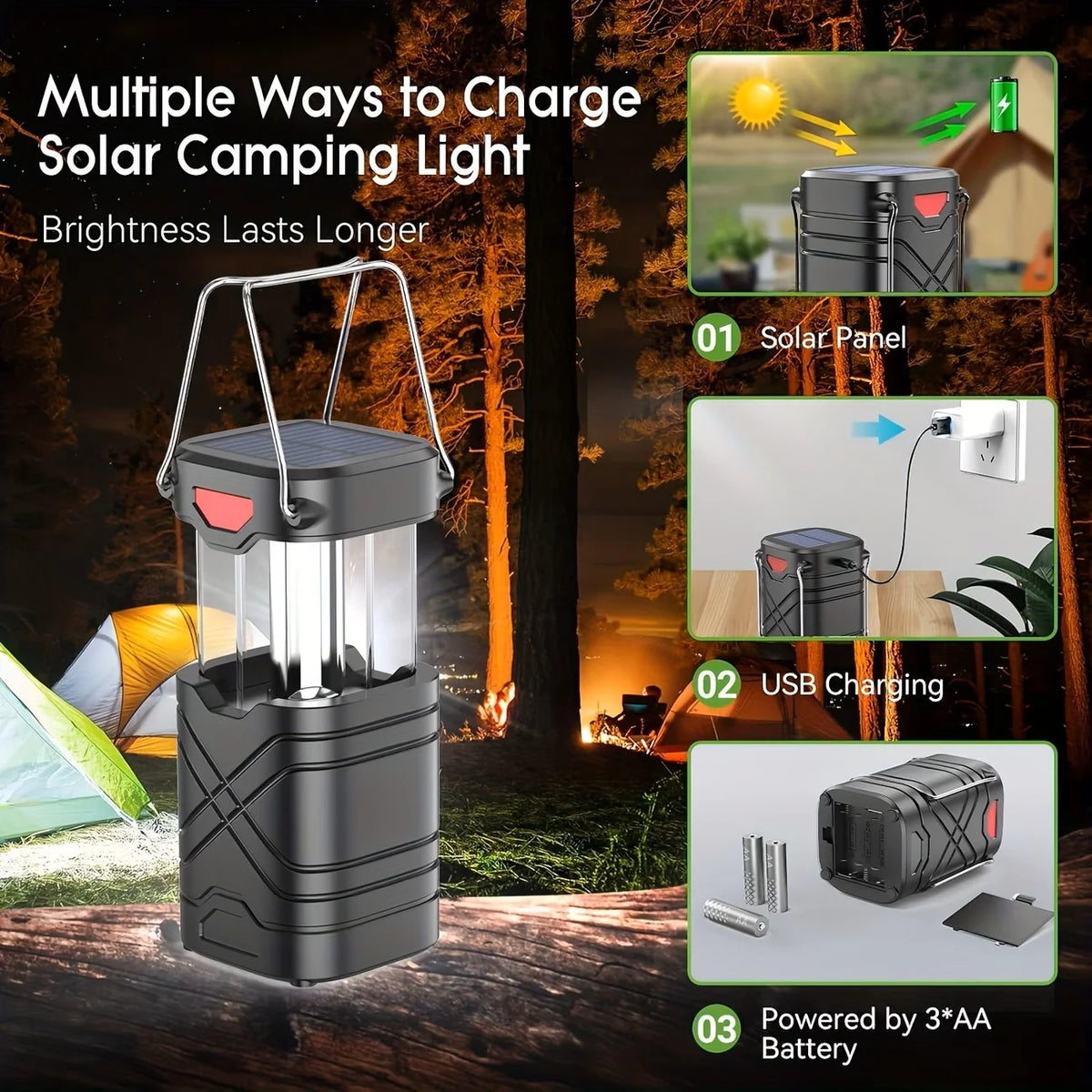 Solar Rechargeable LED Flashlight Portable Camping Lantern
