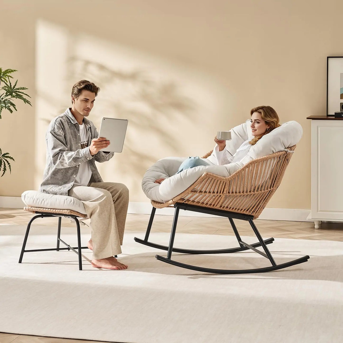 ONBRILL Oversized Papasan Rocking Chair With Ottoman Patio Lounge
