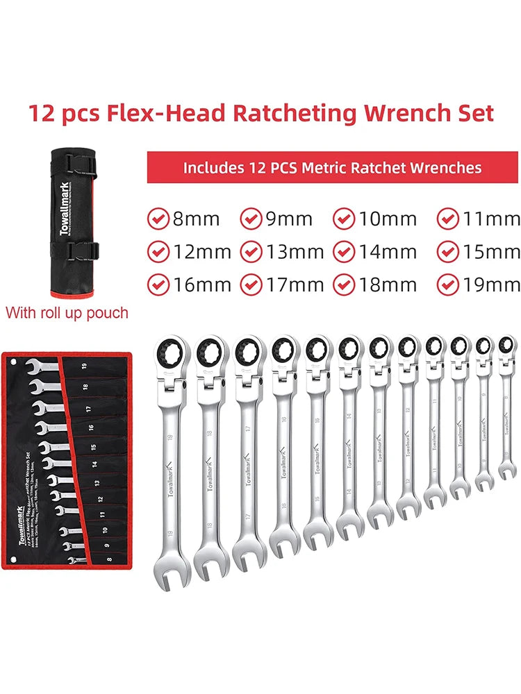 HiMISS 12-Piece Flex-Head Ratcheting Wrench Set With Bag