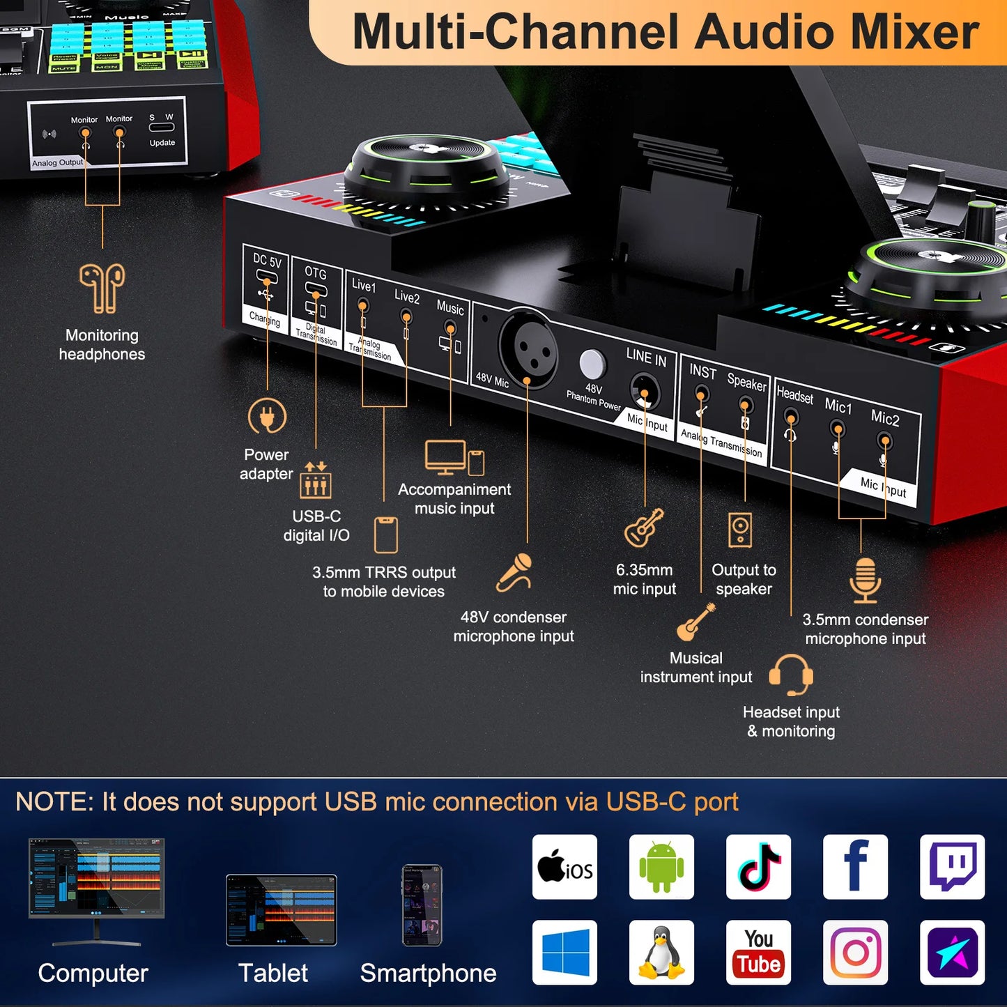 TenLamp G10 PKPRO Podcast Studio Mixer With 6 Channel Interface