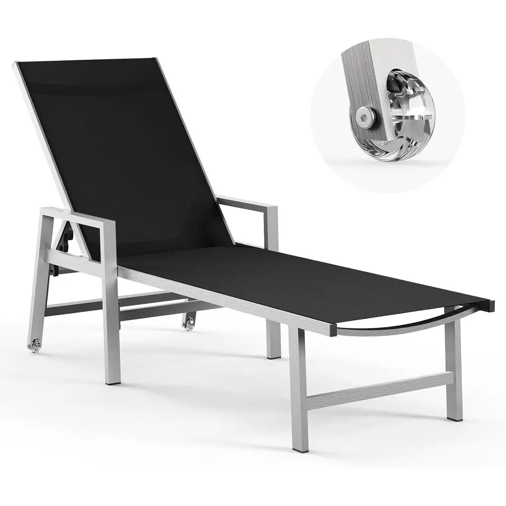 Aluminum 5 Position Reclining Chaise Lounge Chair With Armrests And Wheels