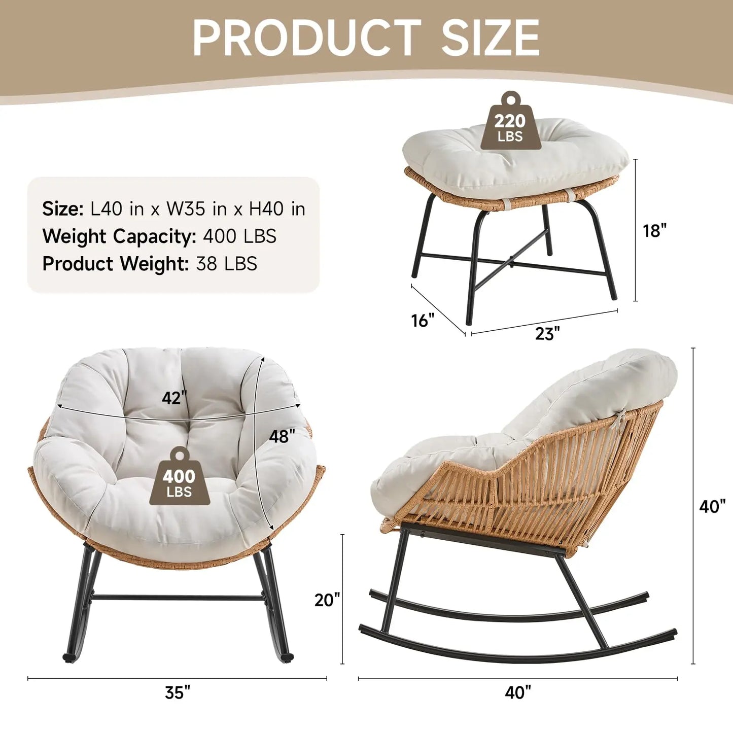 ONBRILL Oversized Papasan Rocking Chair With Ottoman Patio Lounge