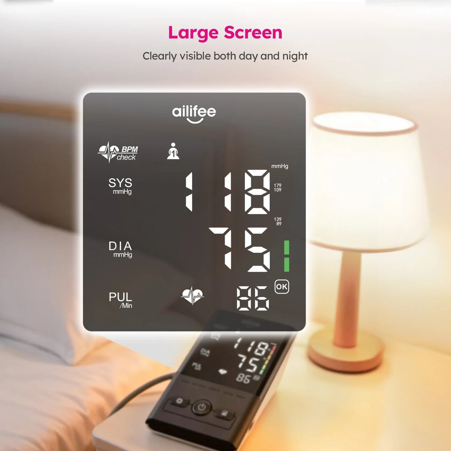 AILIFEE Upper Arm Blood Pressure Monitor with Backlit LED Display