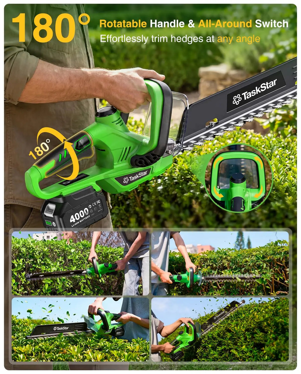 TaskStar Cordless Electric Hedge Trimmer With Dual Action Blade