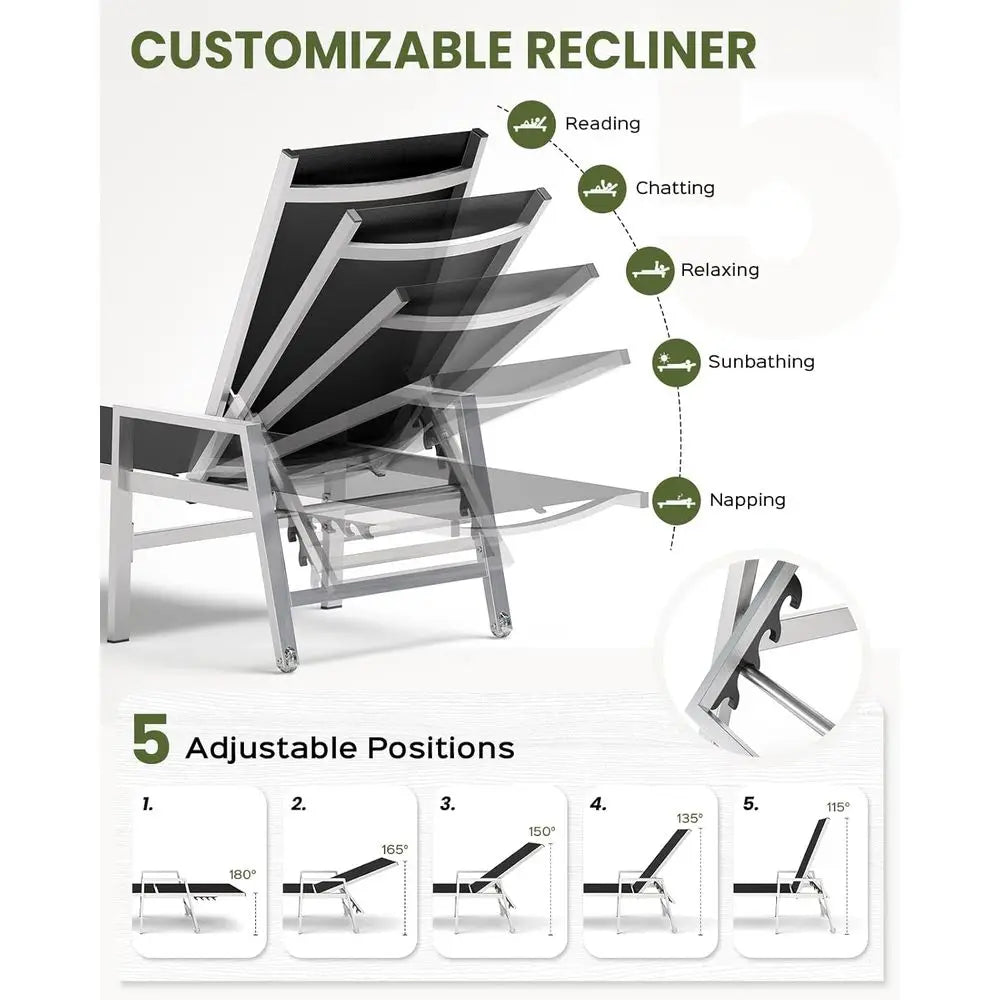 Aluminum 5 Position Reclining Chaise Lounge Chair With Armrests And Wheels