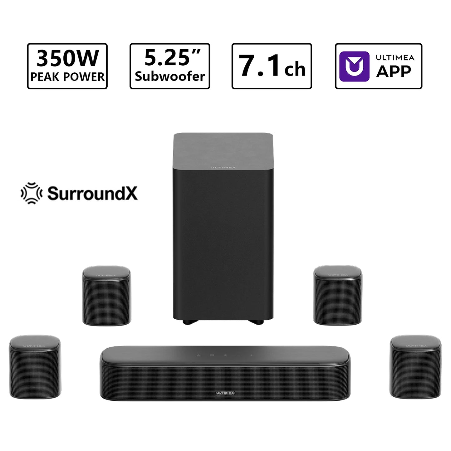 ULTIMEA Aura S4T 350W 7.1ch TV Soundbar with 4 Surround Speakers, Surround Sound System with Subwoofer, App Control, HDMI ARC
