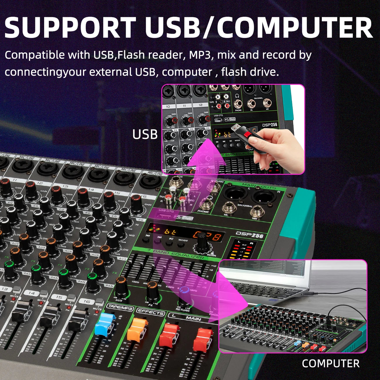 Depusheng 6/8/12/16 Channels Audio Mixer USB 48V Phantom Power