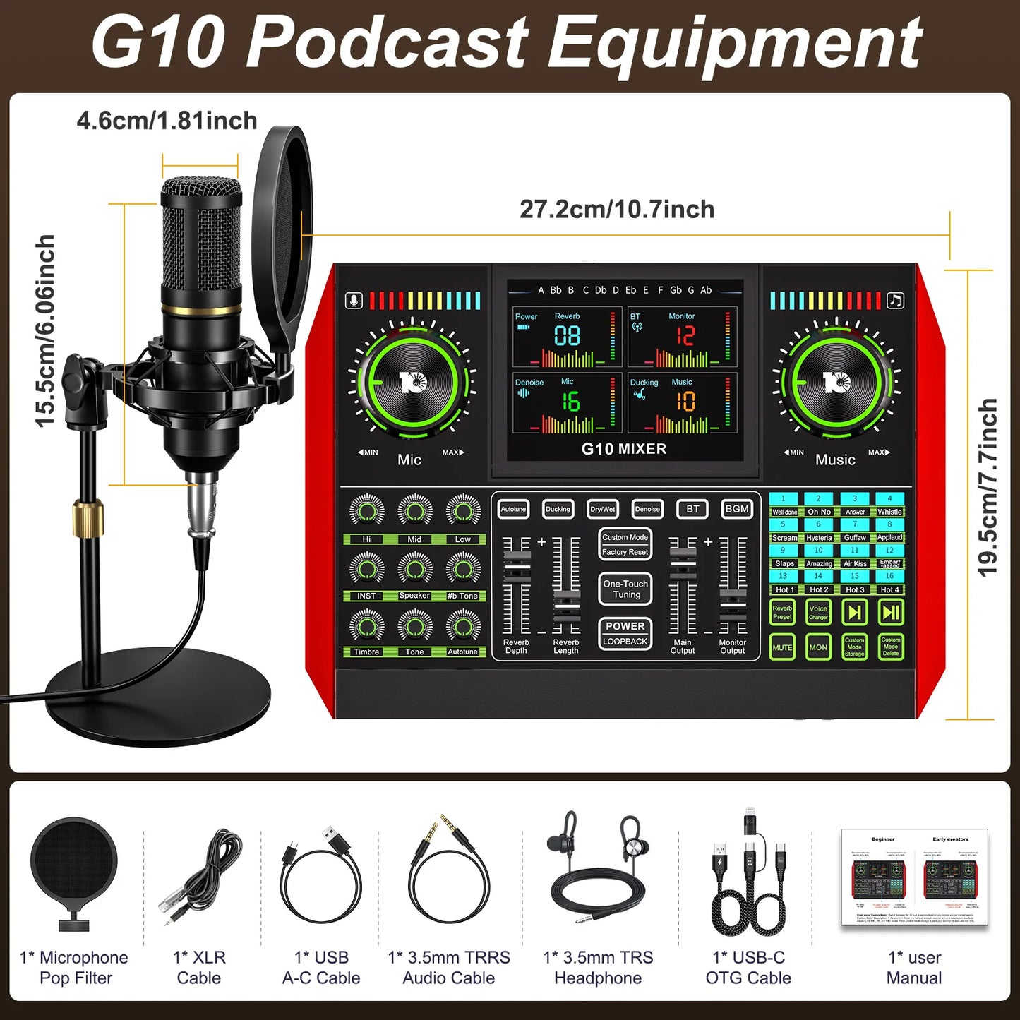Tenlamp Bluetooth DJ Sound Mixer Studio Recording Microphone Bundle