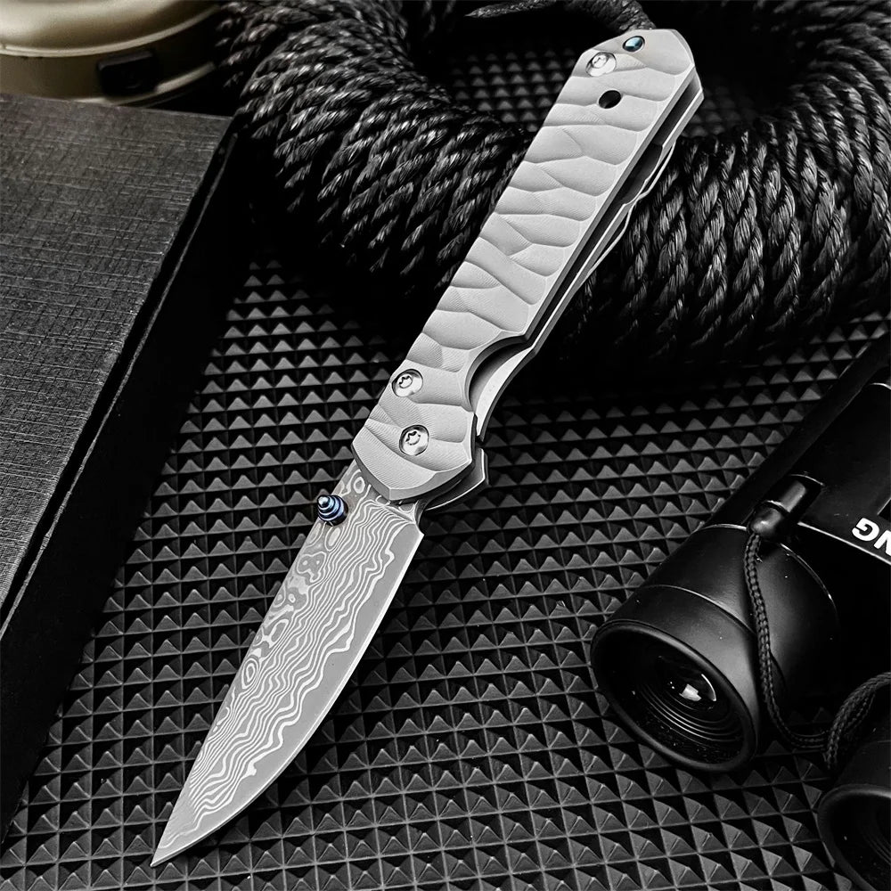 DIY Supplies EDC Safety Folding Knife Damascus Steel Titanium Handle