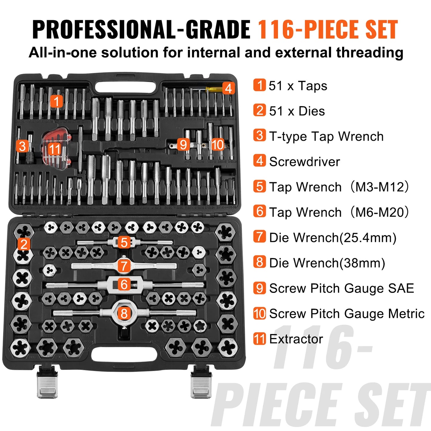SucceBuy Tap and Die Set 116-Piece Metric SAE Threads