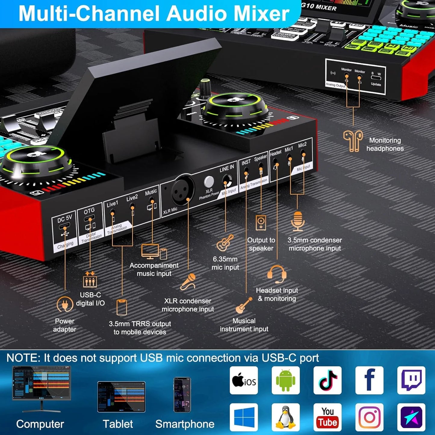 Tenlamp Bluetooth DJ Sound Mixer Studio Recording Microphone Bundle