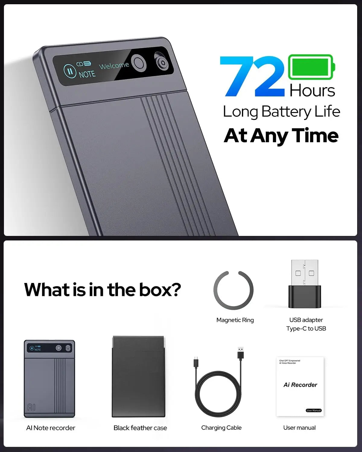 Voice Activated Recorder AI Note Taking Device With 152 Languages 64GB