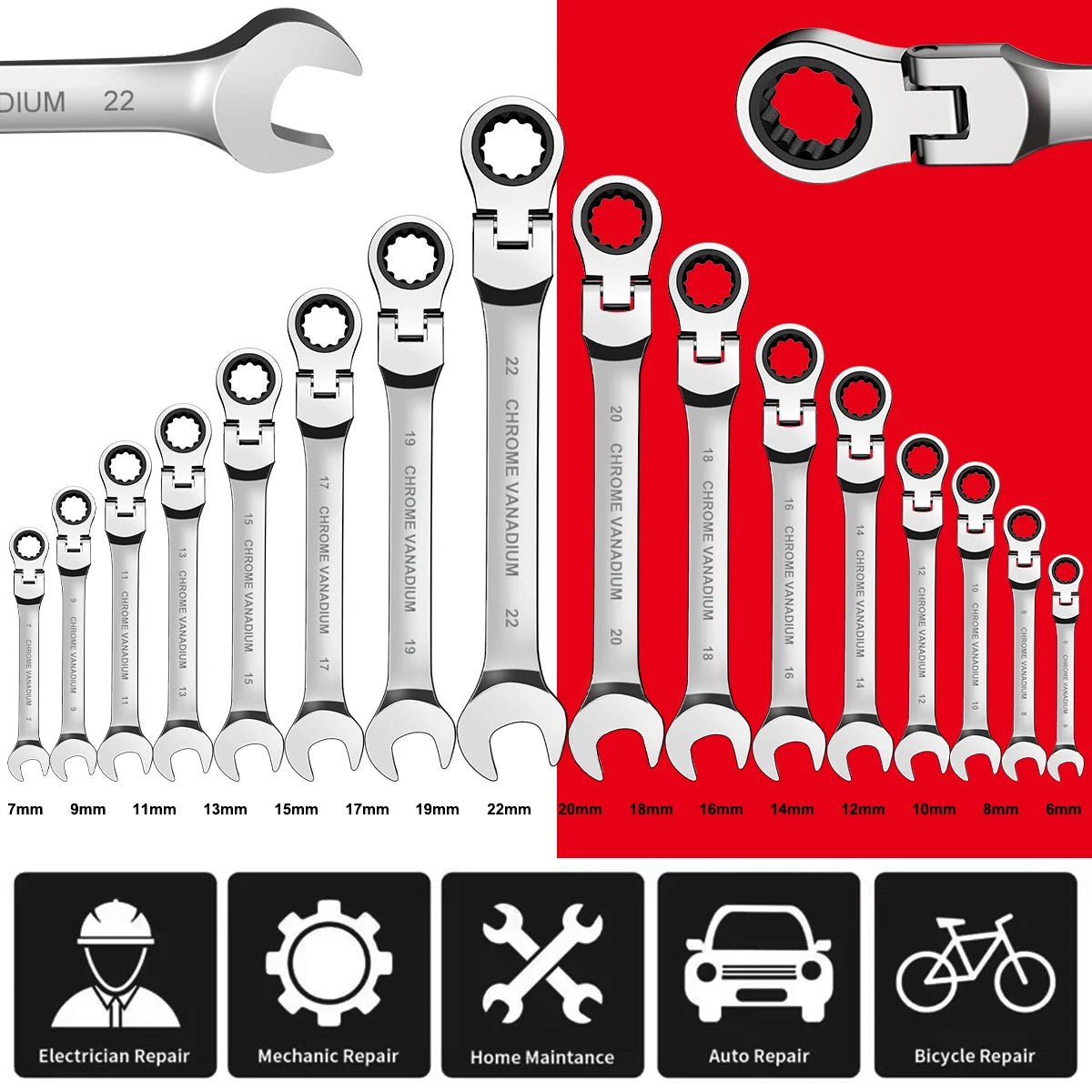 WOZOBUY Flex-Head Ratchet Wrench Set Cr-V Construction