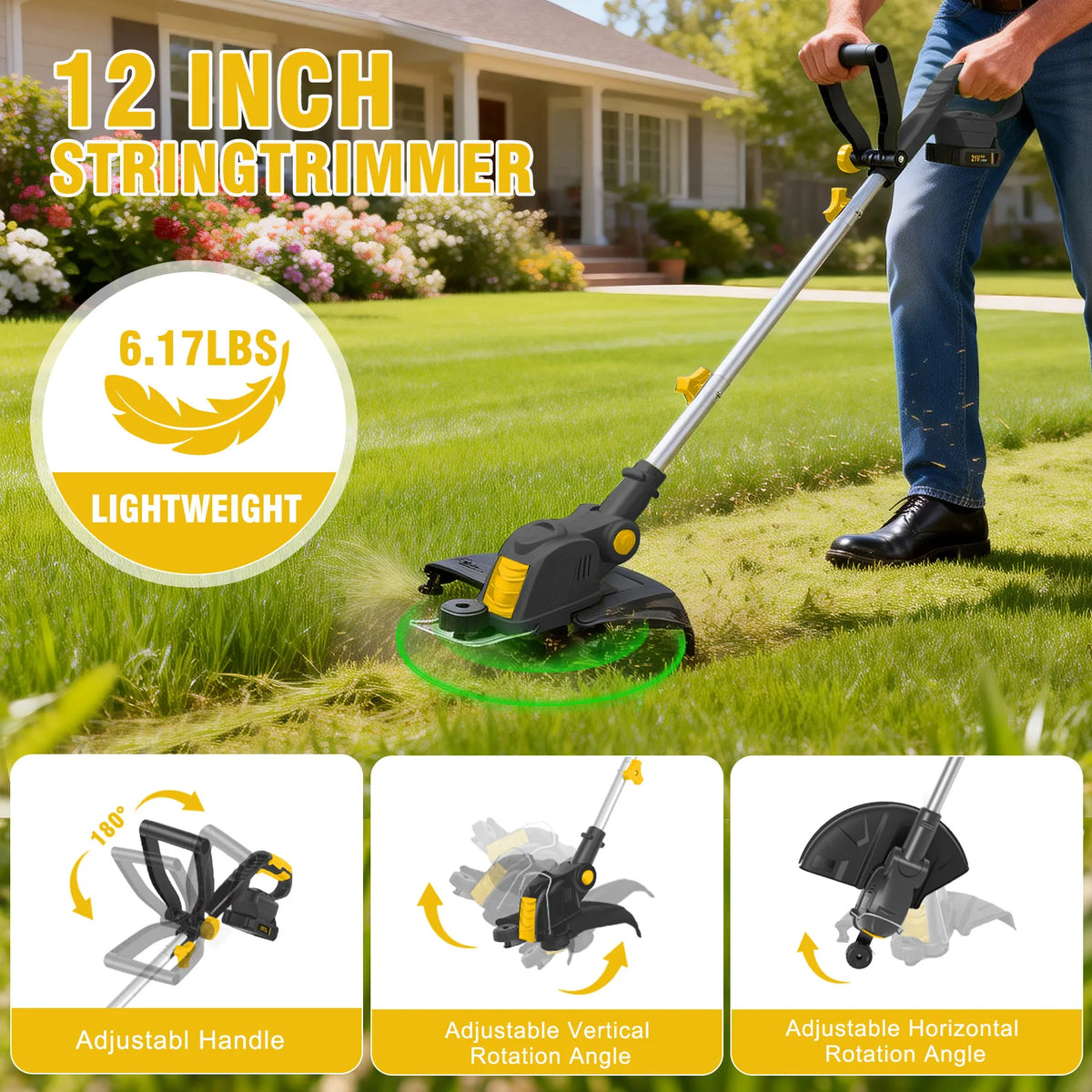 Cordless 3-In-1 String Trimmer With Rotatable Head And Auto Feed