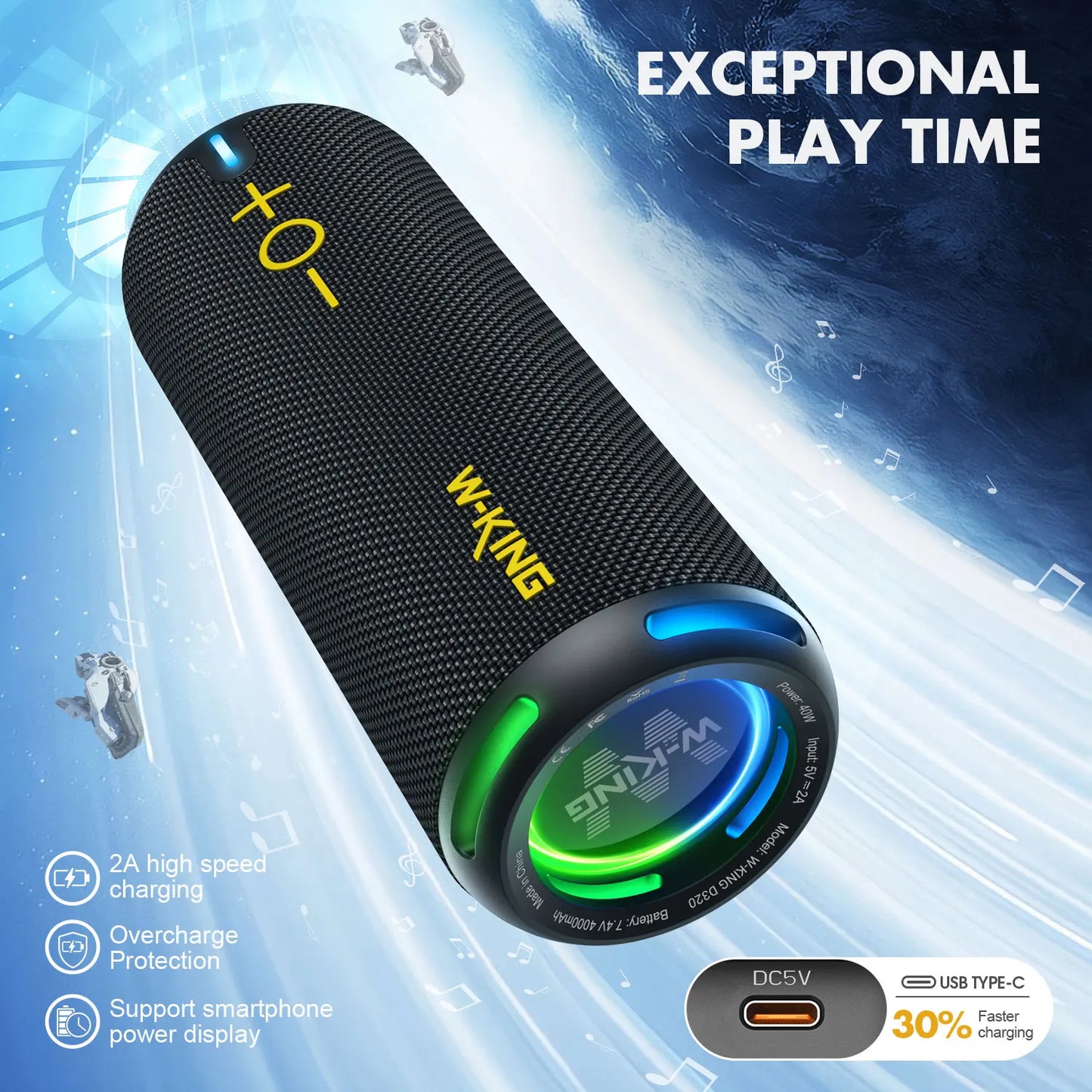 W-King D320 40W Portable Speaker IP67 Waterproof Bluetooth App Control