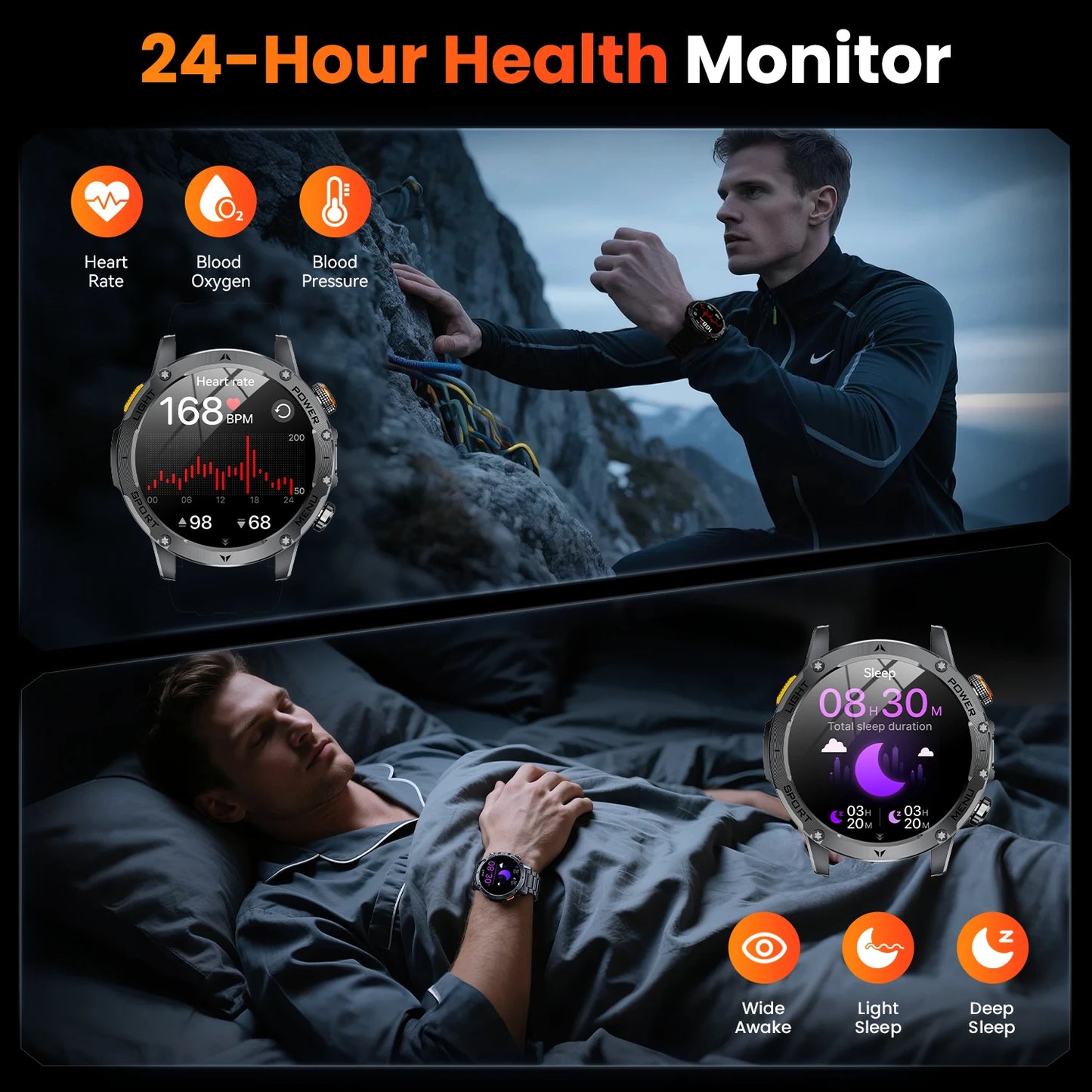 Military Style Smart Watch For Men Bluetooth Call Health Monitor