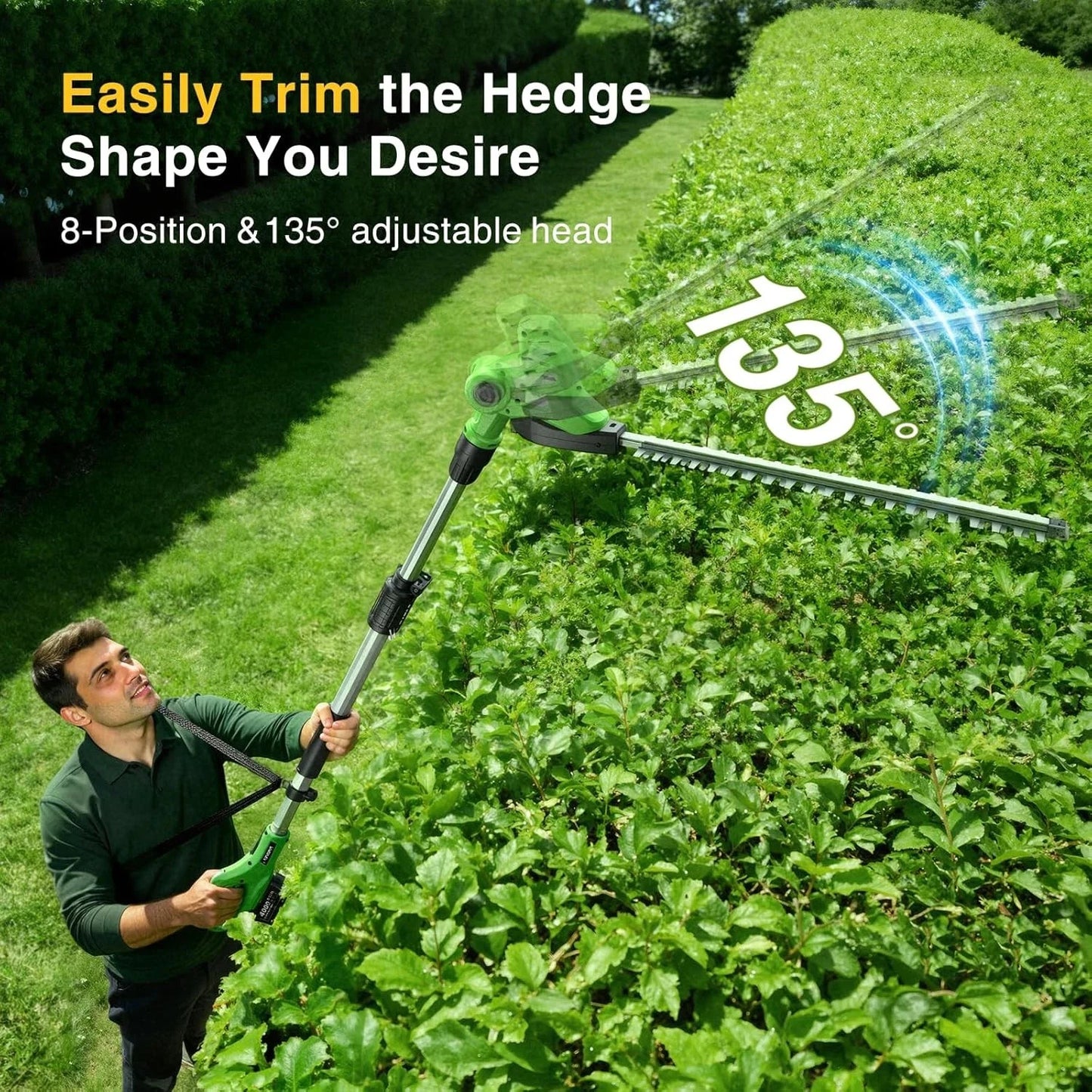 TaskStar Long Reach Cordless Hedge Trimmer With Dual 4000mAh Batteries