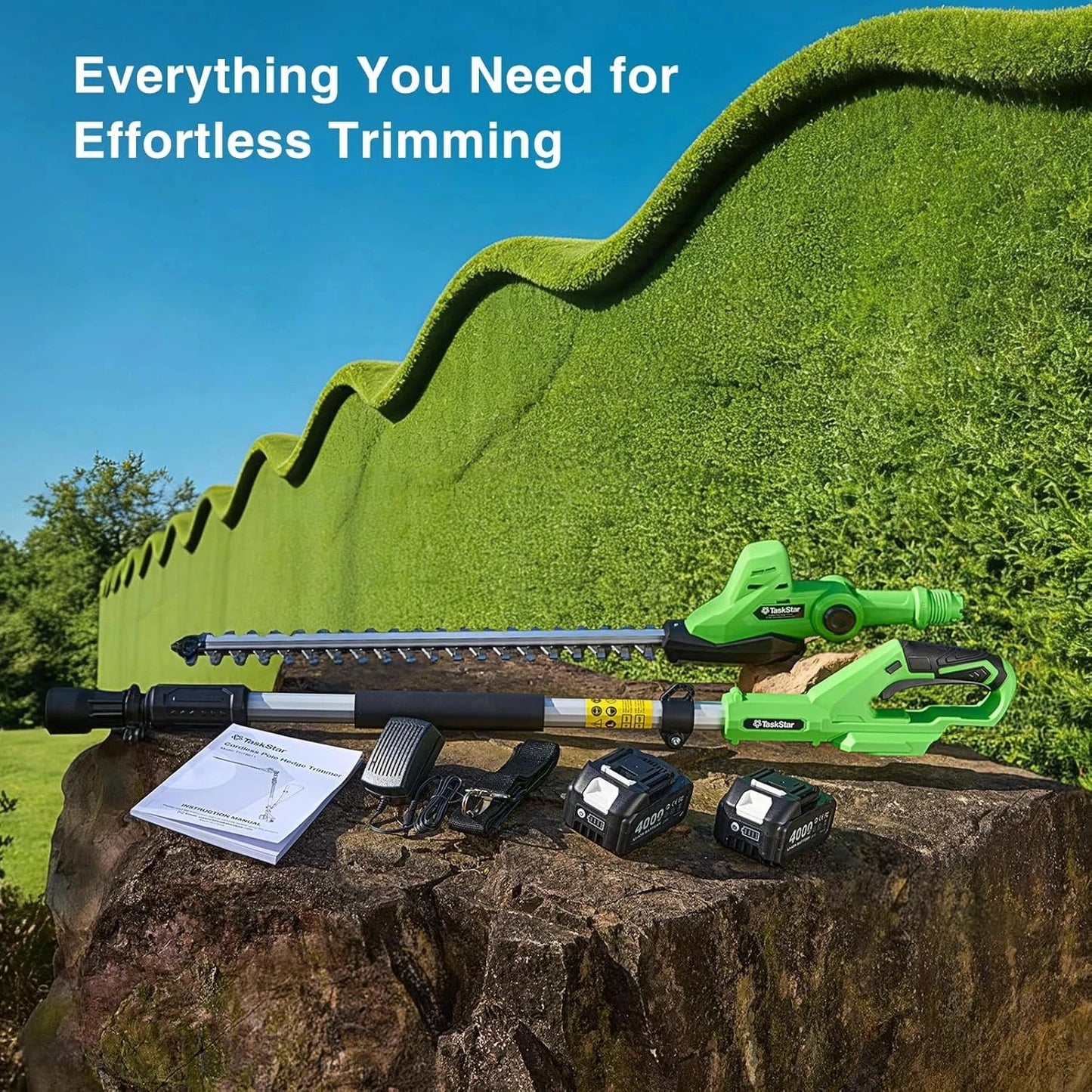 TaskStar Long Reach Cordless Hedge Trimmer With Dual 4000mAh Batteries