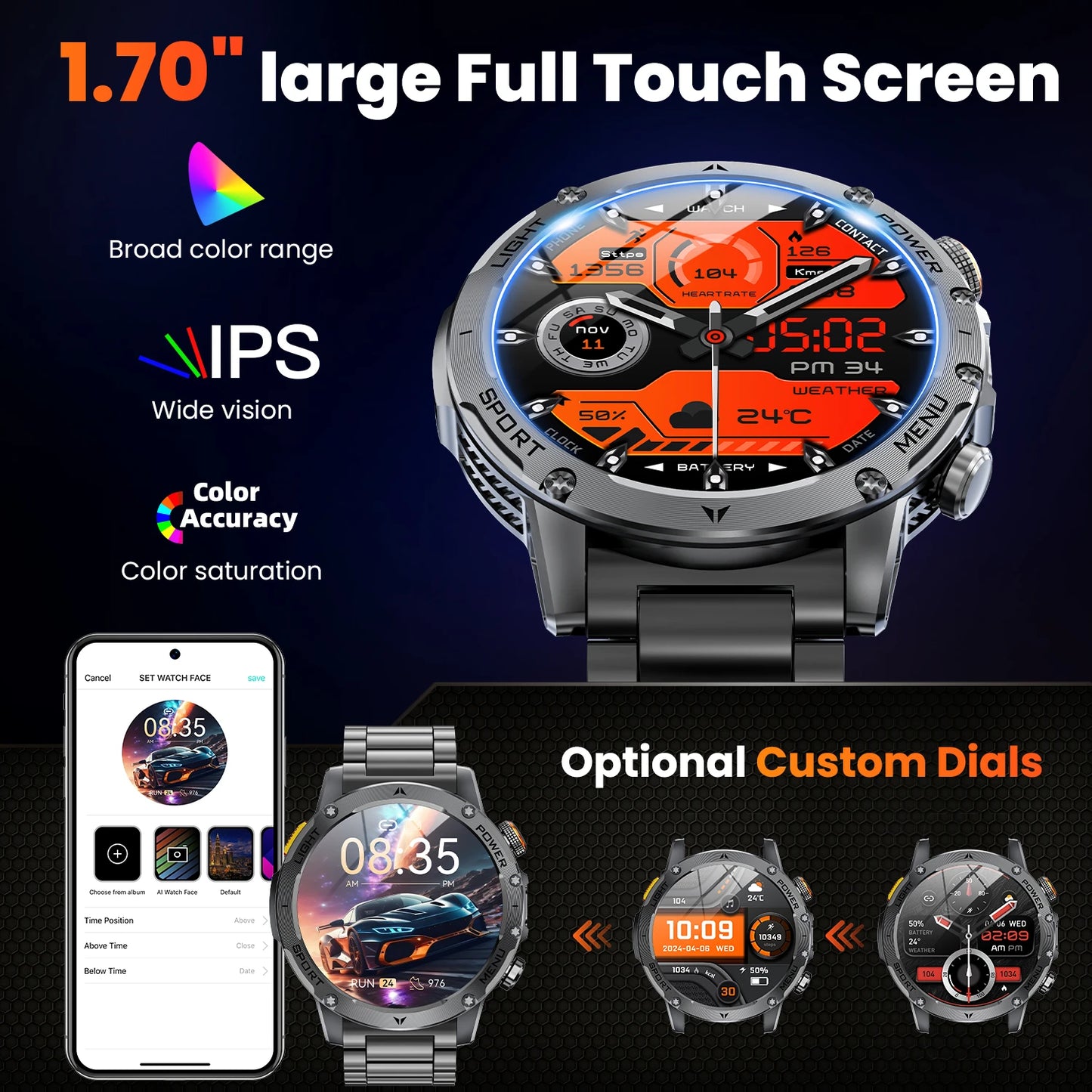 Military Style Smart Watch For Men Bluetooth Call Health Monitor