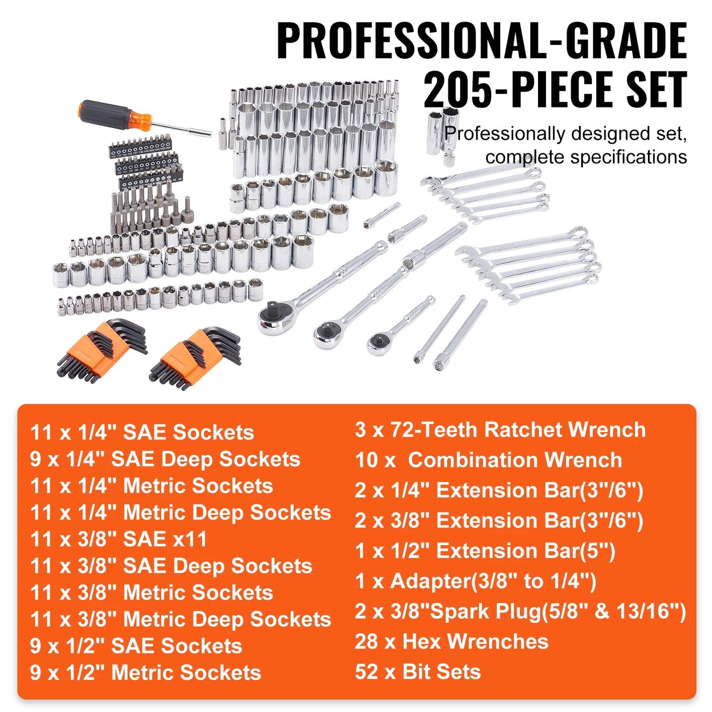 SucceBuy Mechanics Tool Set With Deep And Standard Sockets 205Pcs