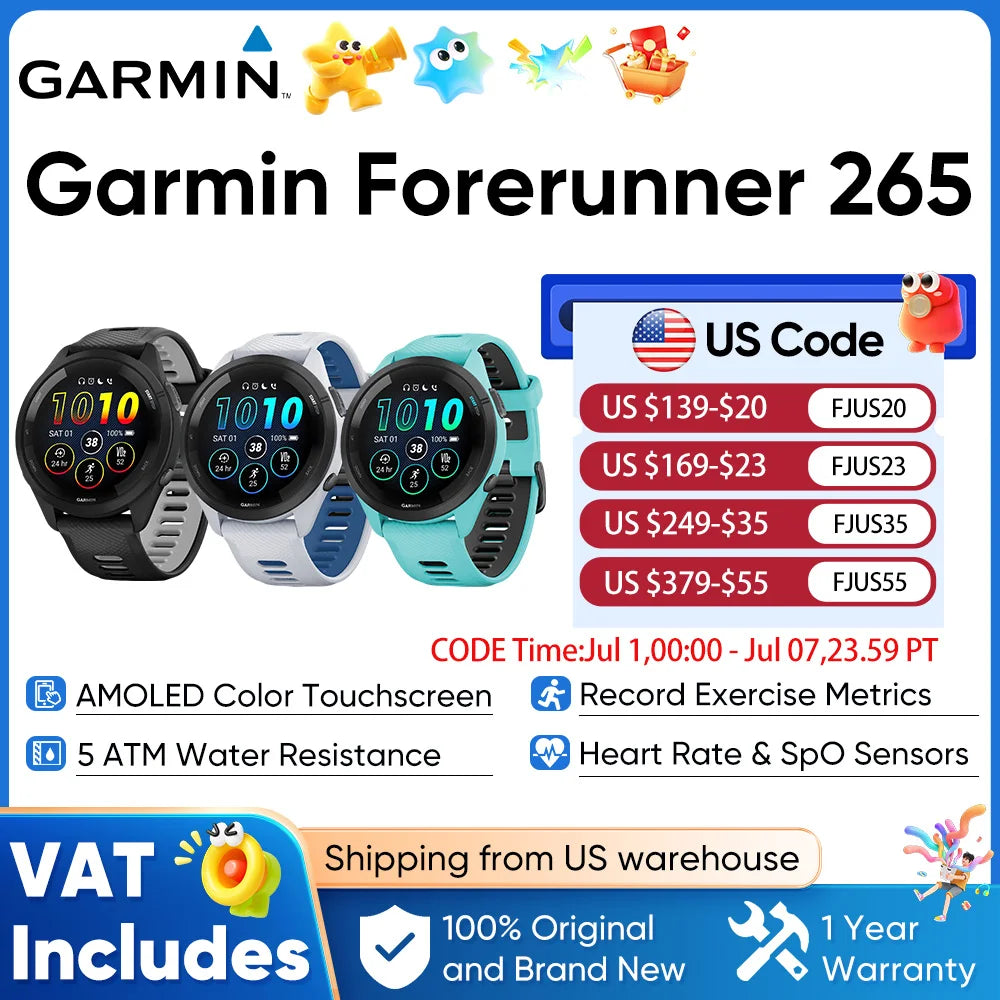 Garmin Forerunner 265 GPS Smartwatch Heart Rate Monitoring AMOLED Display