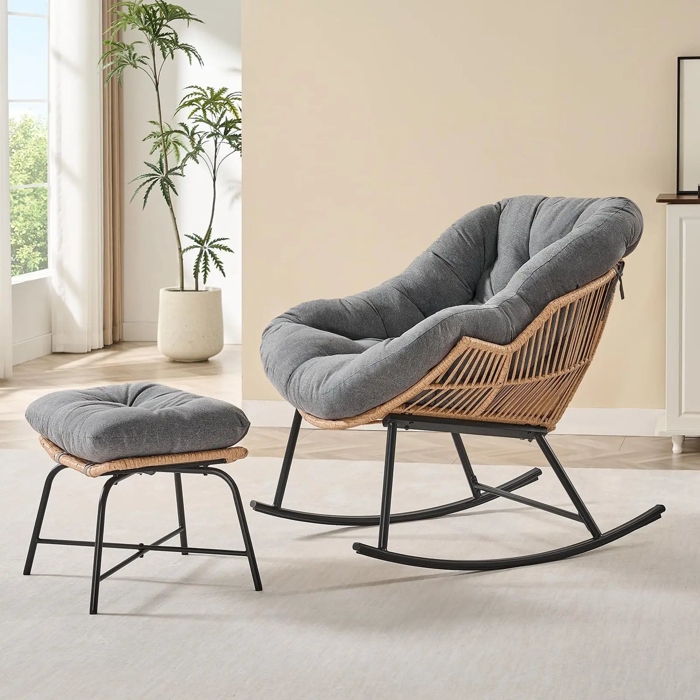 ONBRILL Oversized Papasan Rocking Chair With Ottoman Patio Lounge