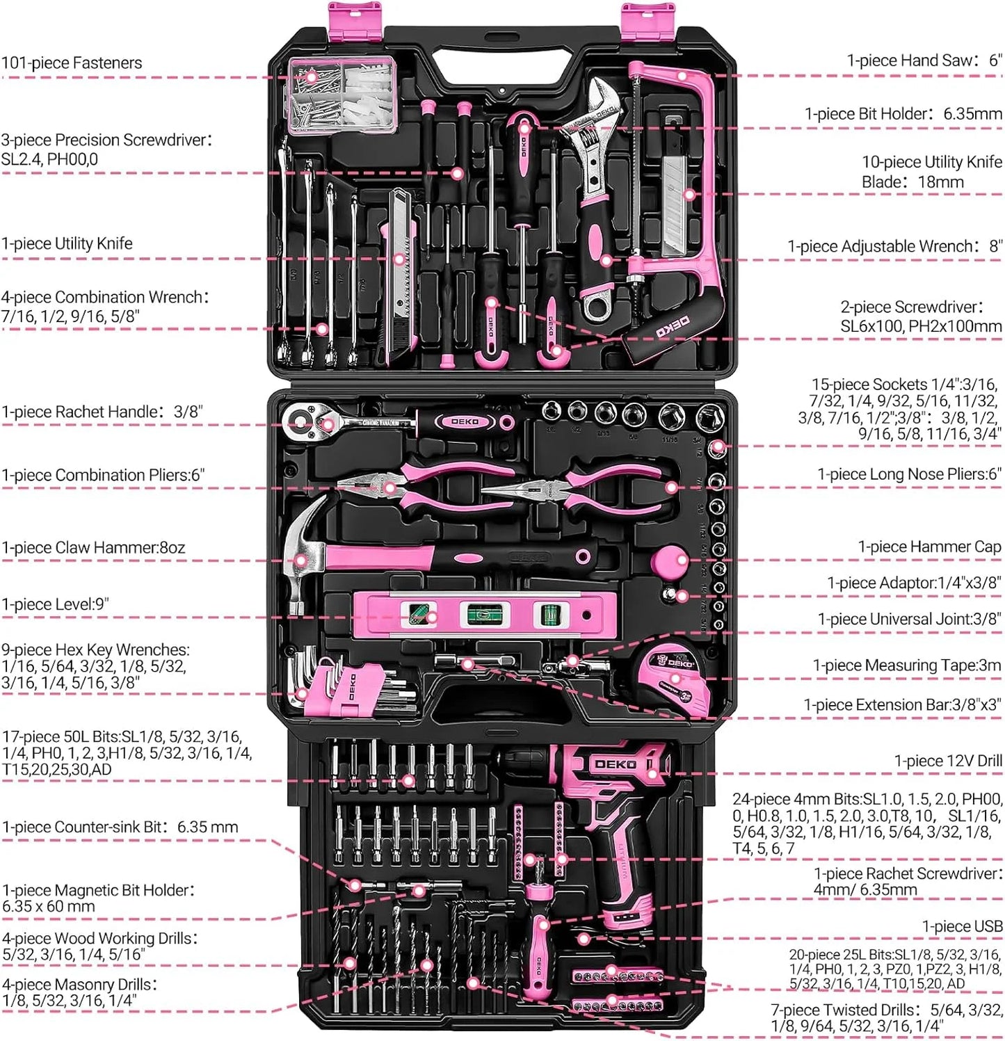 Deko 12V Cordless Drill And Home Mechanic Toolbox Storage Kit