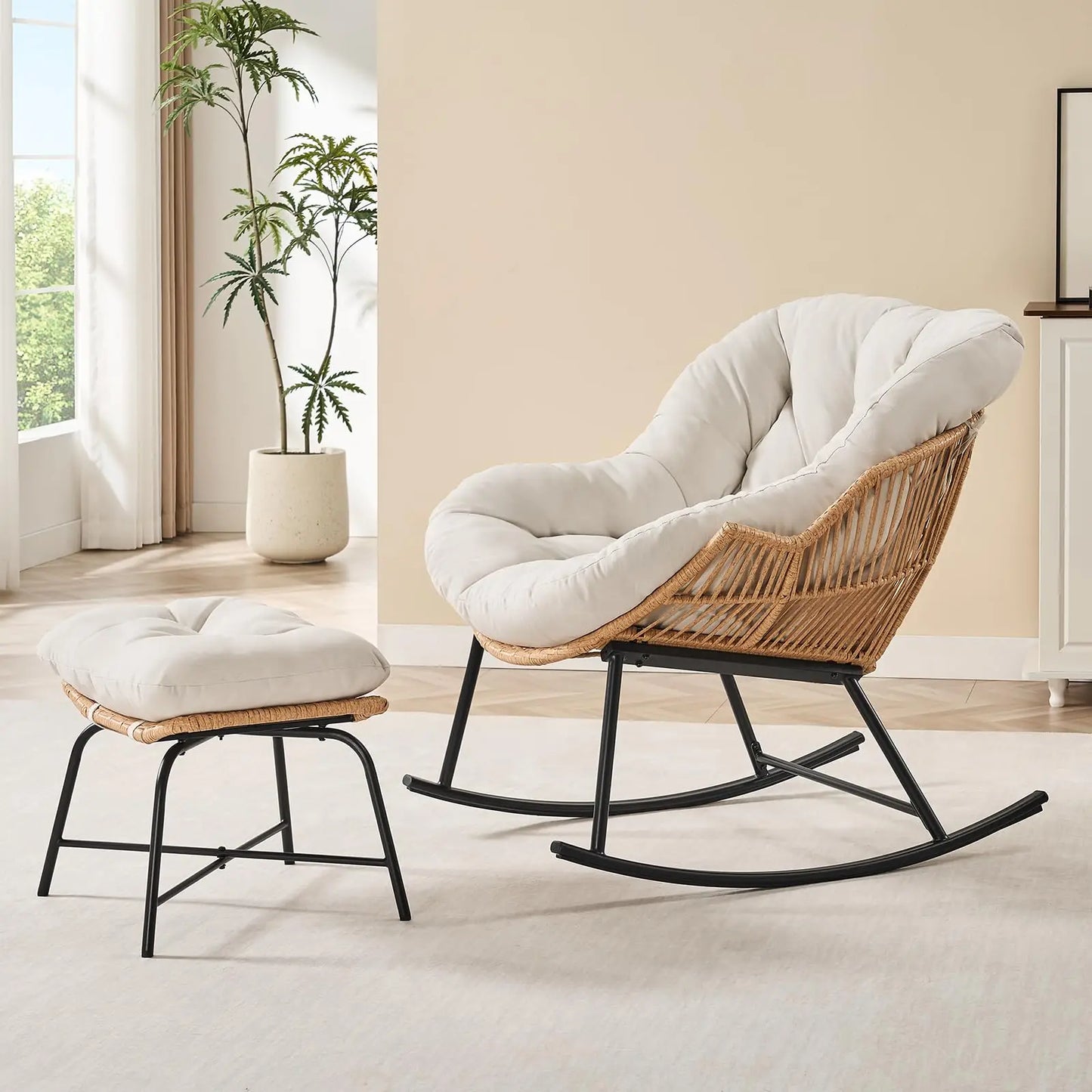 ONBRILL Oversized Papasan Rocking Chair With Ottoman Patio Lounge