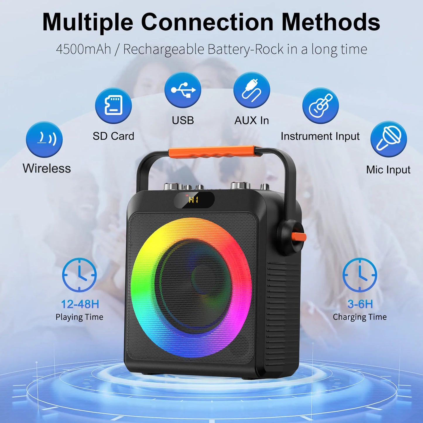 2 Wireless Microphones T19-T Karaoke Machine | Black Karaoke Speaker With Treble/Bass Adjustment, Wireless Speaker PA System