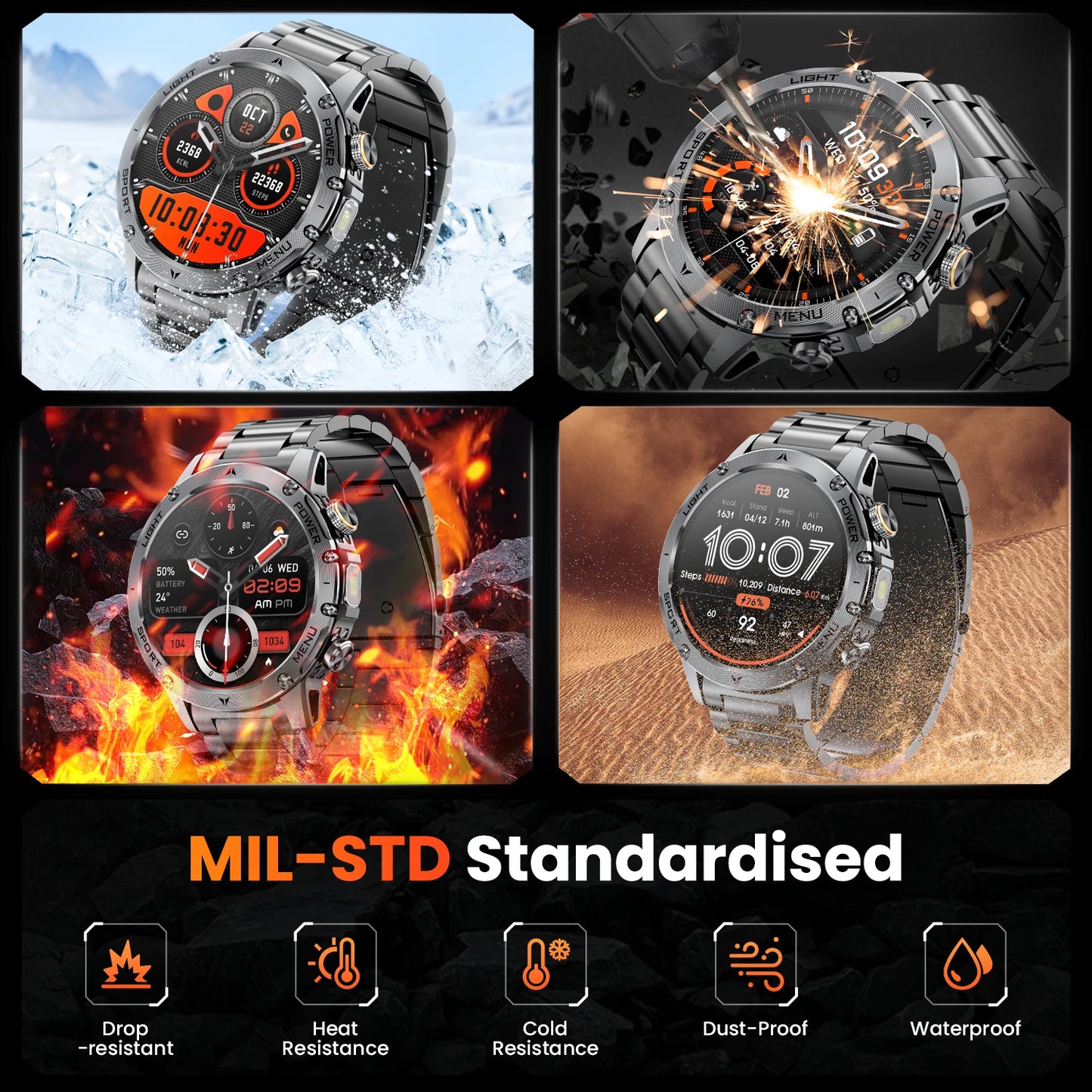 Military Style Smart Watch For Men Bluetooth Call Health Monitor
