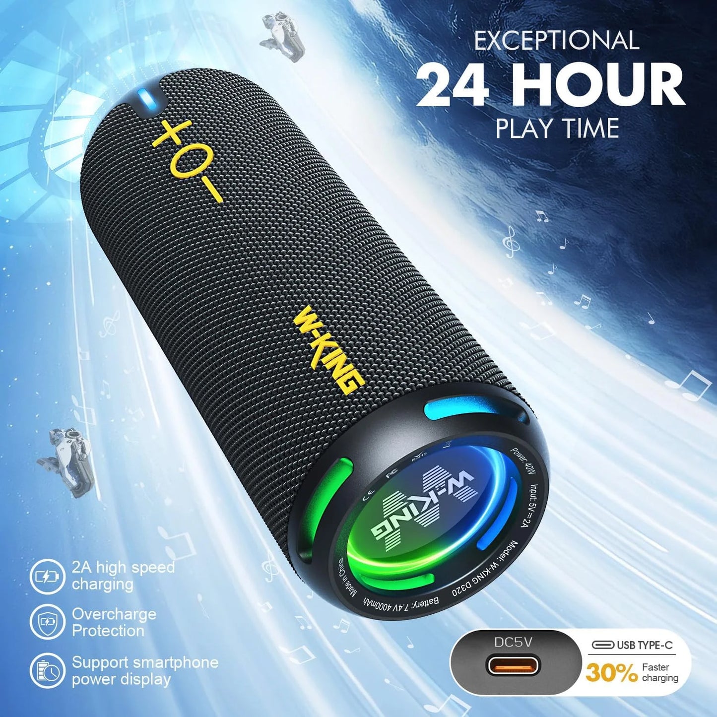 W-King IP67 Waterproof Bluetooth Speaker 40W Portable Outdoor