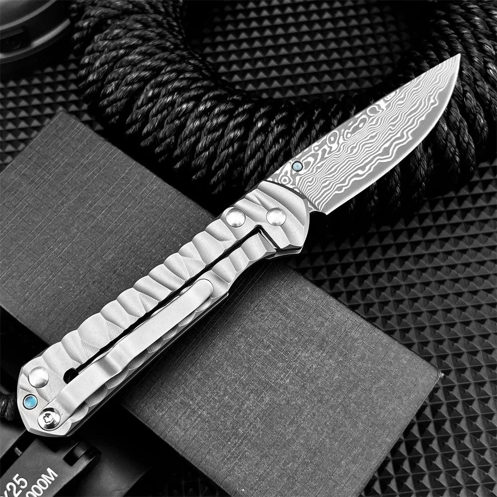 DIY Supplies EDC Safety Folding Knife Damascus Steel Titanium Handle