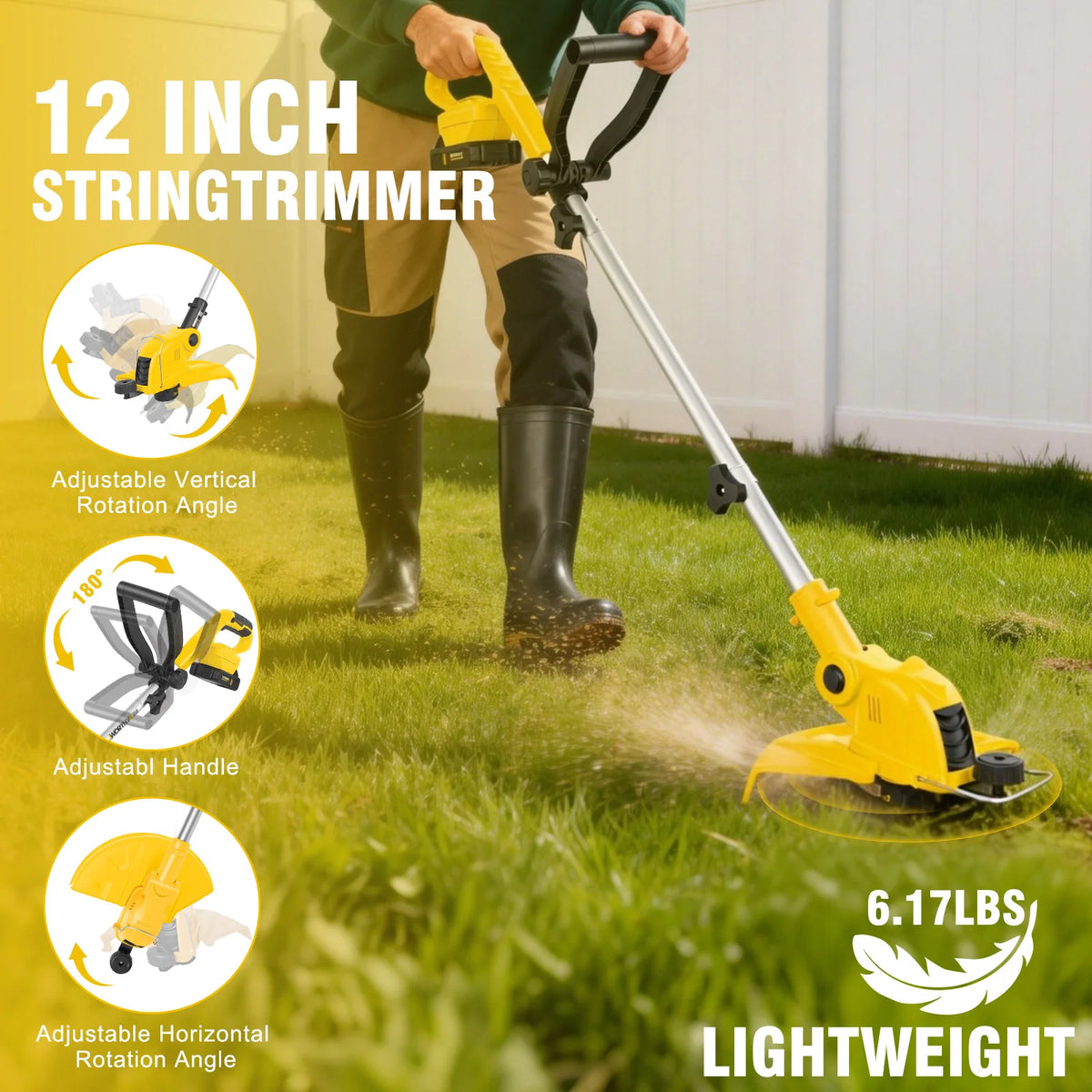 Cordless 3-In-1 String Trimmer With Rotatable Head And Auto Feed