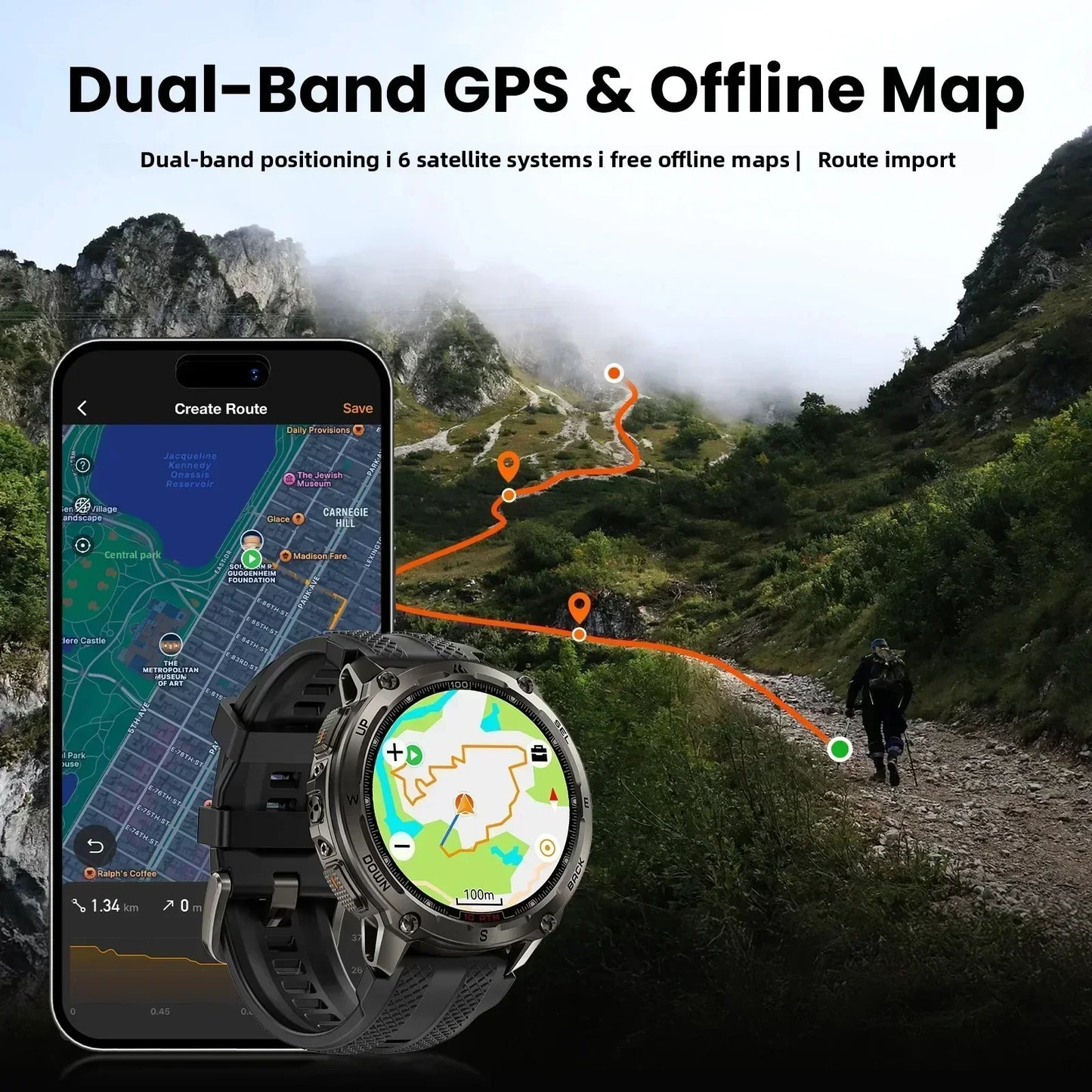 KOSPET Tank T4 Smartwatch GPS Offline Maps 10ATM Waterproof Android iOS
