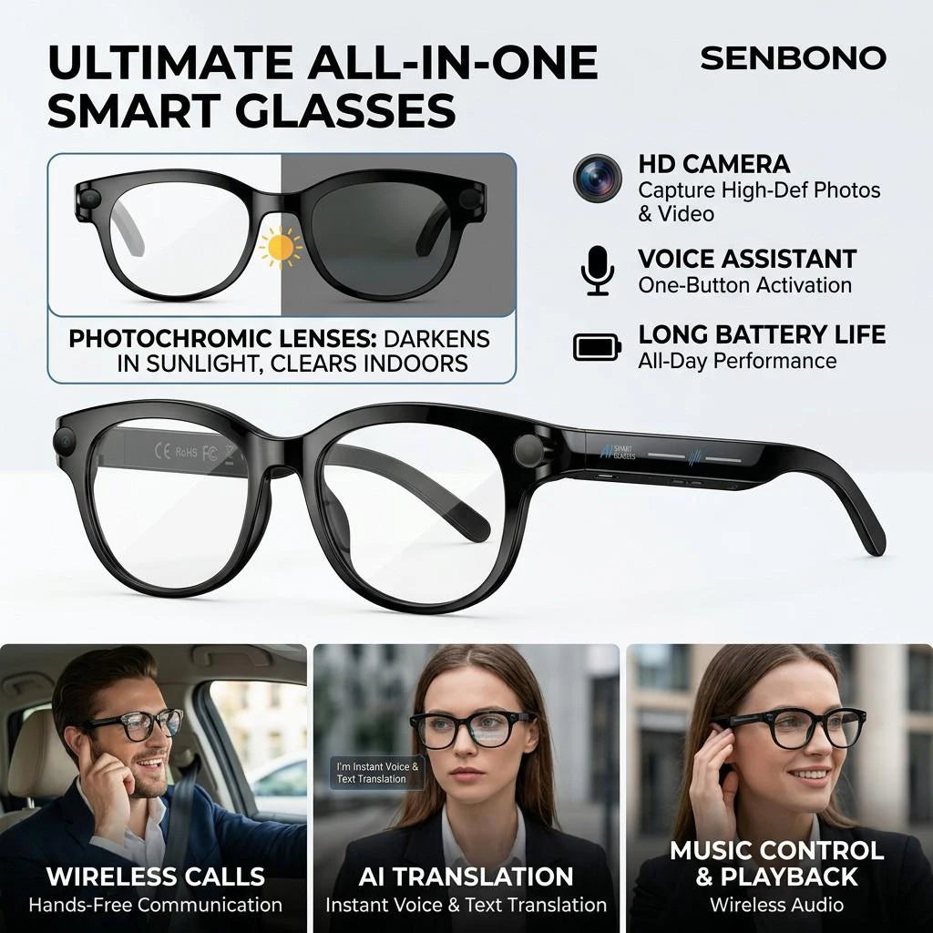 SENBONO AI Glasses With Camera 4K Video AI Translation