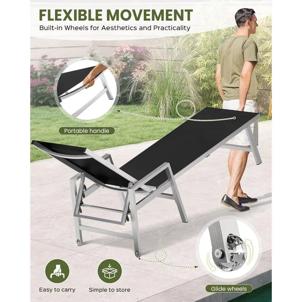 Aluminum 5 Position Reclining Chaise Lounge Chair With Armrests And Wheels