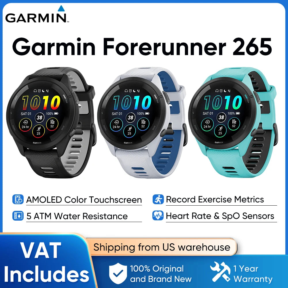 Garmin Forerunner 265 GPS Smartwatch Heart Rate Monitoring AMOLED Display