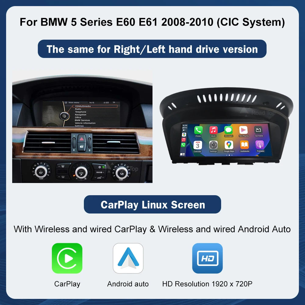 8.8INCH Wireless CarPlay Android Auto Car Multimedia For BMW 5 Series E60 E61 2005-2010 CCC CIC Screen Touch Display Navigation