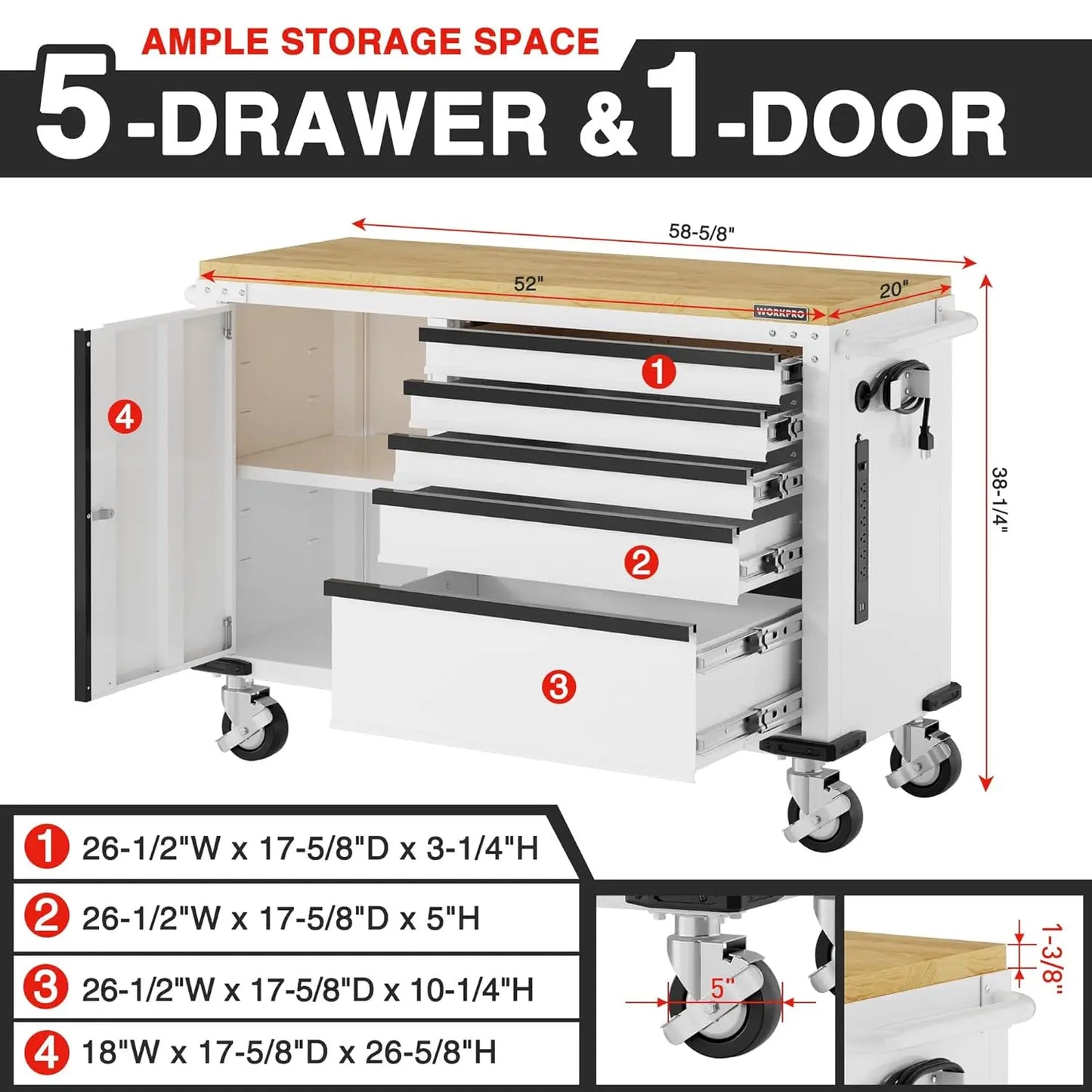 Rolling Tool Chest With 5 Drawer And Door Locking System