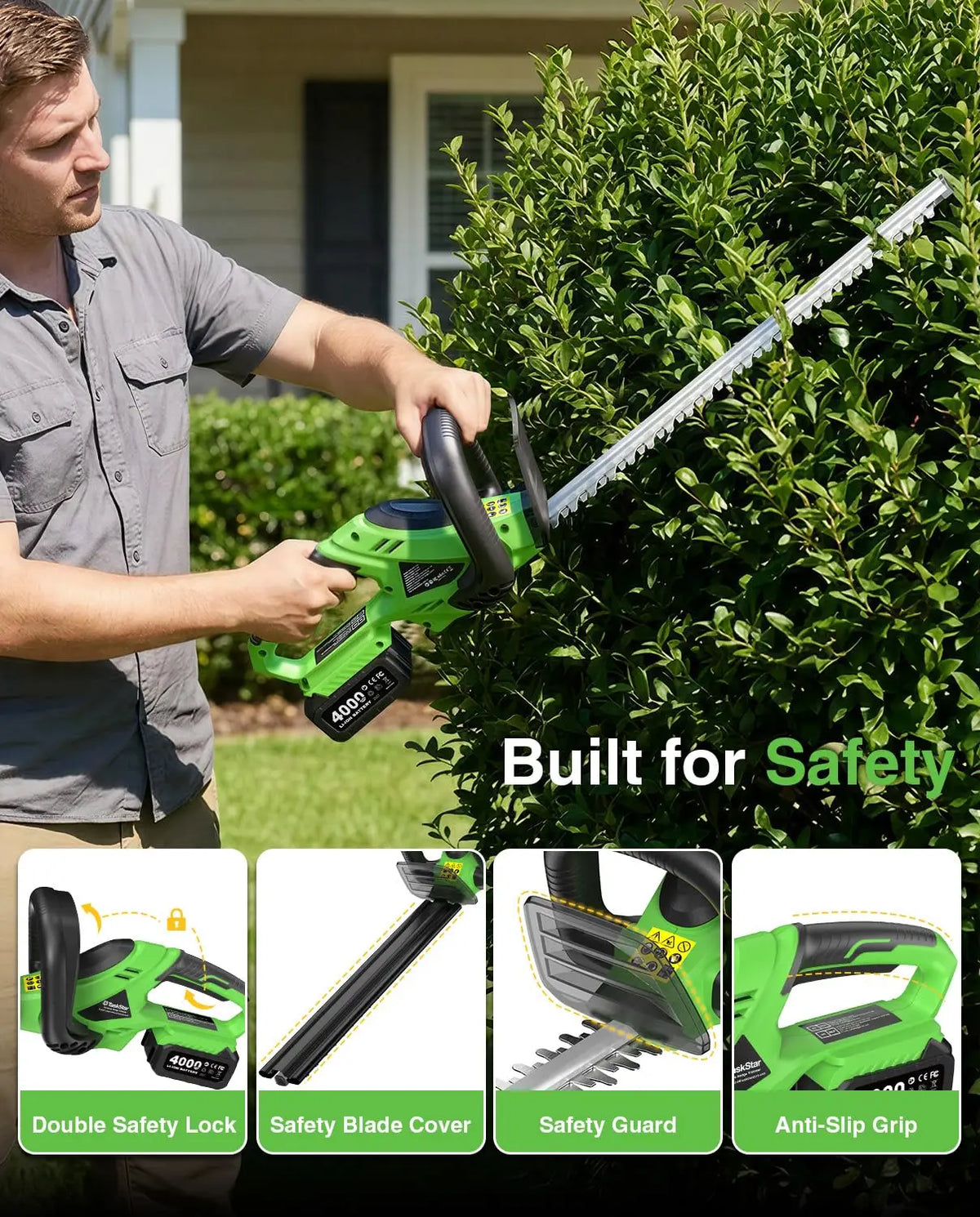 TaskStar Cordless Brushless Hedge Trimmer with Double Edge Blade