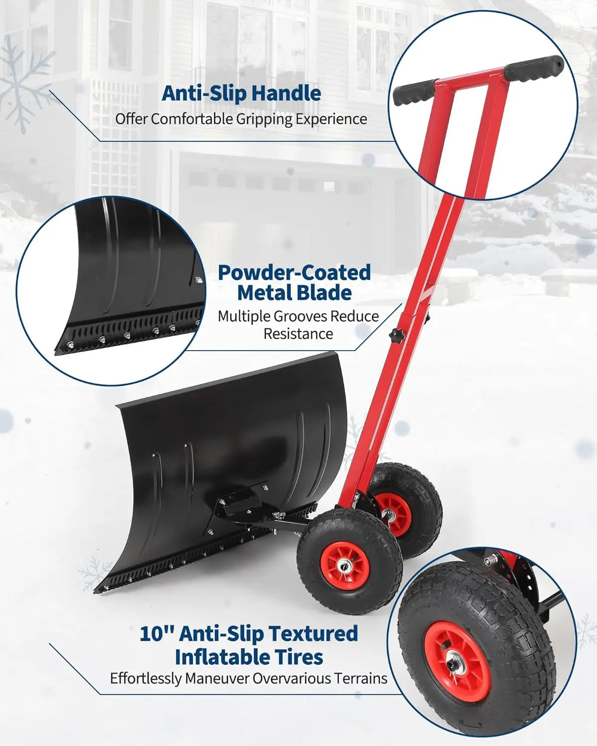 Heavy Duty Snow Shovel with Wheels, Steel Dual Handle Push Snow Pusher Shovel, 5-Position Angle & Height Adjustable Handle