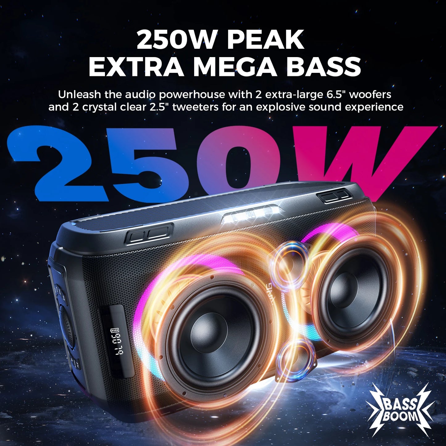 W-King 250W Peak Bluetooth Party Boombox Portable Speaker
